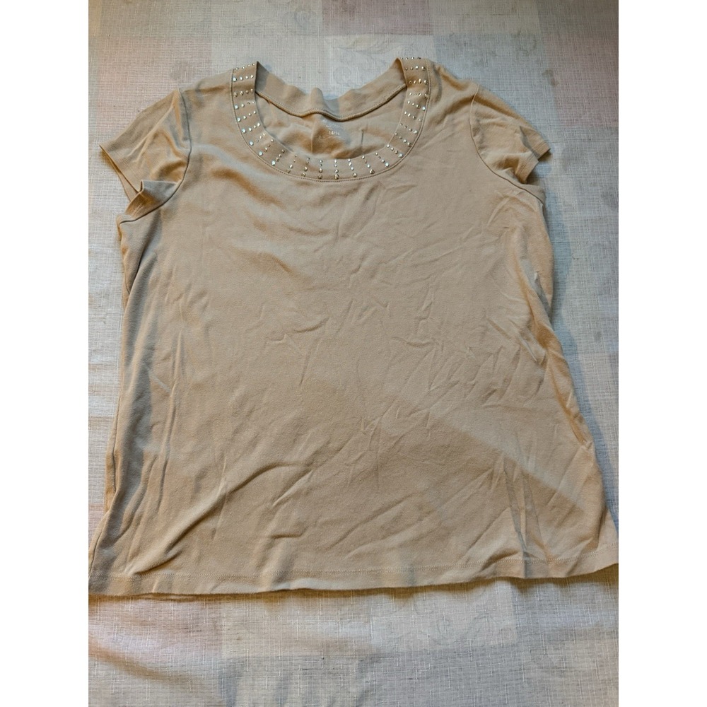 DressBarn Women 14/16 Beige Studded Scoop Neck Short Sleeve Cotton Top—1